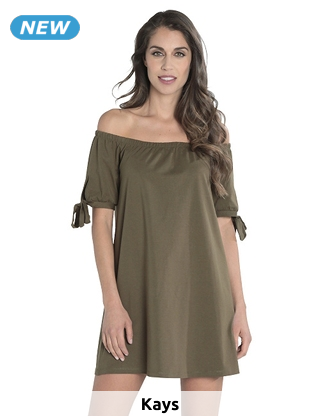 Kleid mit elastischem Ausschnitt, khaki