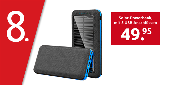 Solar-Powerbank, mit 5 USB Anschlüssen, 20'000 mAh