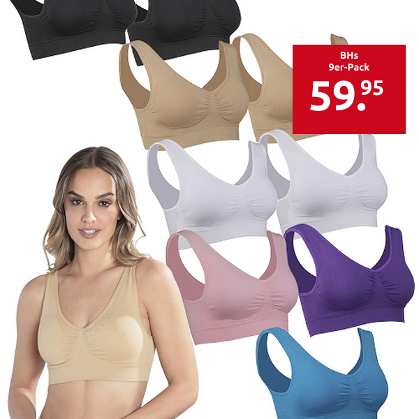 BHs 9er-Pack, 2 x schwarz, 2 x weiss, 2 x beige, 1 x hellrosa, 1 x blau, 1 x lila