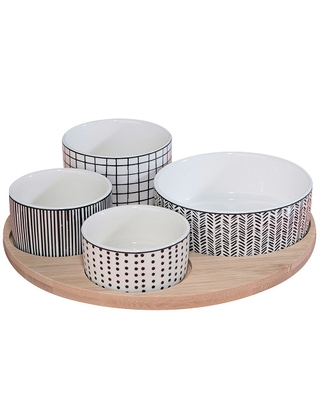 Aperitif-Service mit 4 Porzellanschalen und Bambustablett