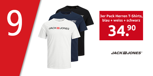 Jack & Jones 3er Pack Herren T-Shirts, blau + weiss + schwarz