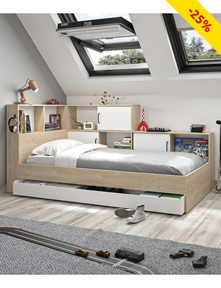 Funktionsbett «Mael», 90 x 200 cm,  Dekor eiche/weiss