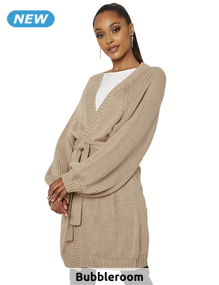 Cardigan lang mit Gürtel, beige