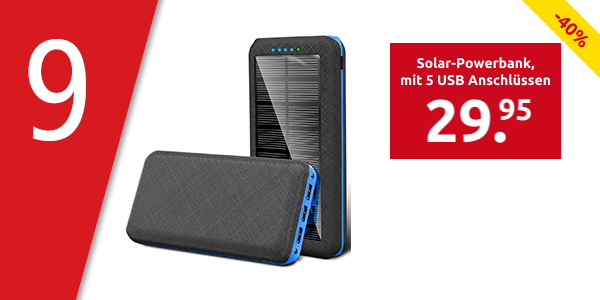 Solar-Powerbank, mit 5 USB Anschlüssen, 20'000 mAh