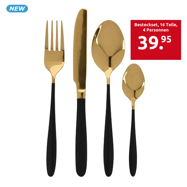 Besteckset, 16 Teile, 4 Personnen, goldfarben/schwarz