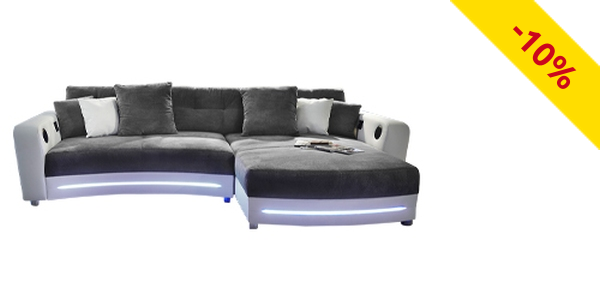 Ecksofa «Party» weiss/grau, mit Beleuchtungsleiste und Soundsystem