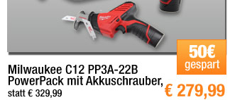 Milwaukee C12 PP3A-22B PowerPack mit Akkuschrauber, Akkuleuchte, S&auml;bels&auml;ge 