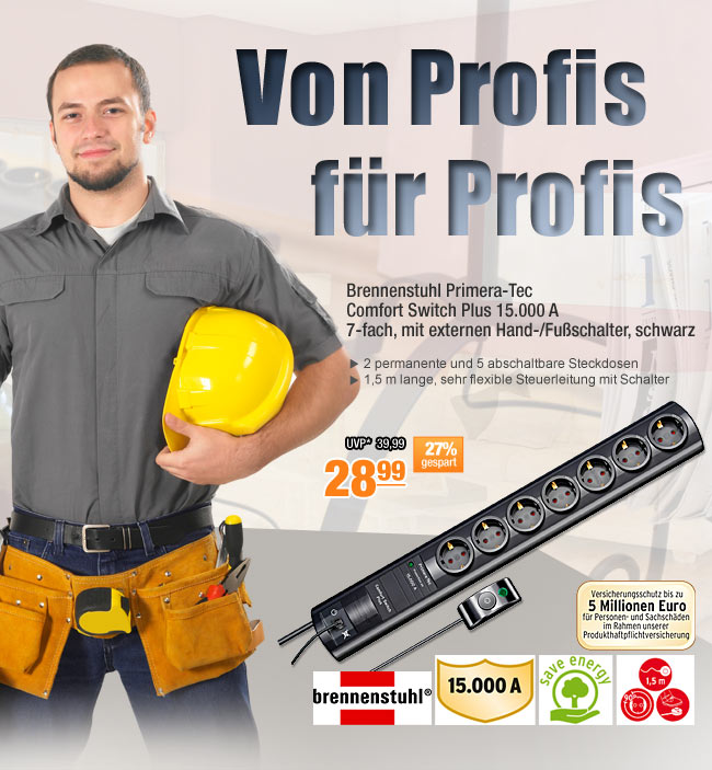 Brennenstuhl Primera-Tec Comfort Switch Plus 15.000 A, 7-fach, mit externen Hand-/Fu&szlig;schalter, schwarz 