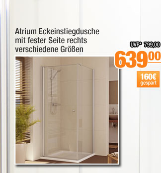 Atrium Eckeinstiegdusche mit fester Seite rechts, verschiedene Gr&ouml;&szlig;en