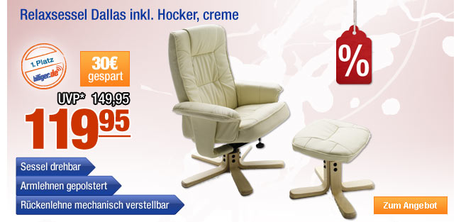Relaxsessel Dallas inkl. Hocker, creme