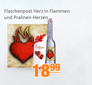 Flaschenpost Herz in Flammen und Pralinen-Herzen
