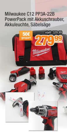 Milwaukee C12 PP3A-22B PowerPack mit Akkuschrauber, Akkuleuchte, S&auml;bels&auml;ge