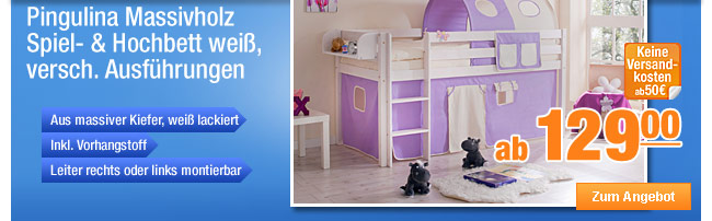 Pingulina Massivholz Spielbett Hochbett wei&szlig;, versch. Ausf&uuml;hrungen