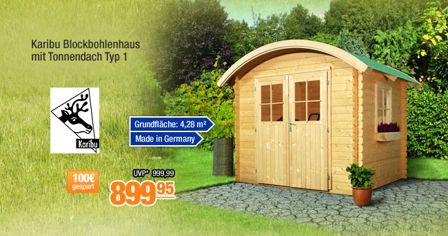 Karibu Blockbohlenhaus mit Tonnendach Typ 1 