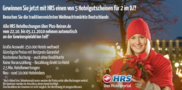 Gewinnen Sie jetzt einen von 5 Hotelgutscheinen für 2 im DZ - Alle HRS Hotelbuchungen bei Plus-Reisen bis zum 05.11.2010 nehmen automatisch am Gewinnspiel teil!