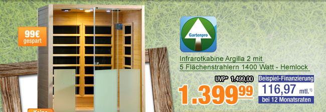 Infrarotkabine Argilla 2 mit 5 Fl&auml;chenstrahlern 1400 Watt - Hemlock 