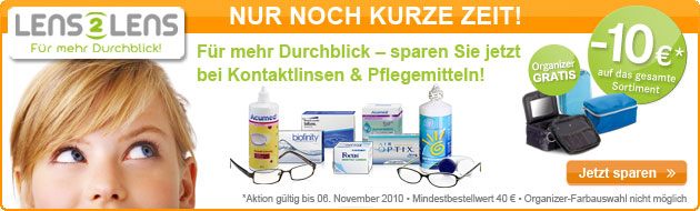 Lens2Lens Kontaklinsen, Brillen und Pflegemittel - Sparen Sie jetzt 10 Eur auf das gesamte Sortiment und sichern Sie sich eine Reiseorganizer gratis dazu!