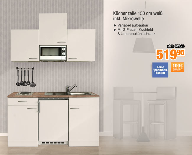 Küchenzeile 150 cm weiß                                             - inkl. Mikrowelle
