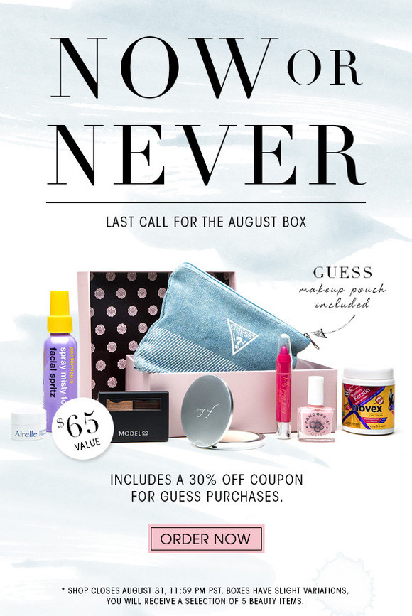 Last call for the August box  GUESS makeup pouch included  Includes a 30% off coupon for GUESS purchases.  >>  Order Now