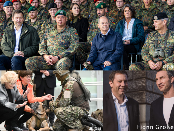Lars Klingbeil und Olaf Scholz bei Bundeswehr-Übung. Foto: dpa; Saskia Esken und Christine Lambrecht im Gespräch mit Bundeswehrsoldaten. Foto dpa; Lars Klingbeil und Wladimir Klitschko. Foto: Fionn Große