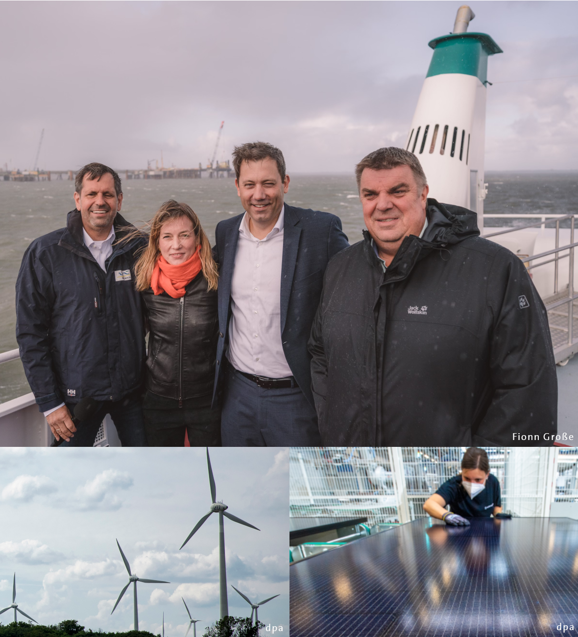 Lars Klingbeil lässt sich in Wilhelmshaven die LNG-Terminals zeigen. Foto: Fionn Große.; Windräder Foto: dpa.; Fertigung von Solarpanels. Foto: dpa 