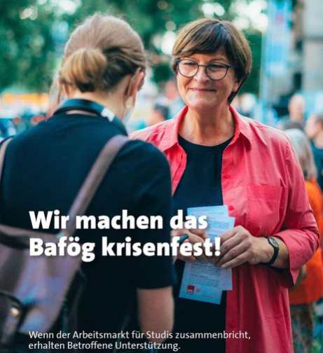 Saskia Esken im Gespräch mit Studierendender zum neuen Bafög. Wir machen das Bafög krisenfest. Wenn der Arbeitsmarkt für Studies zusammenbricht, erhalten betroffene Unterstützung.