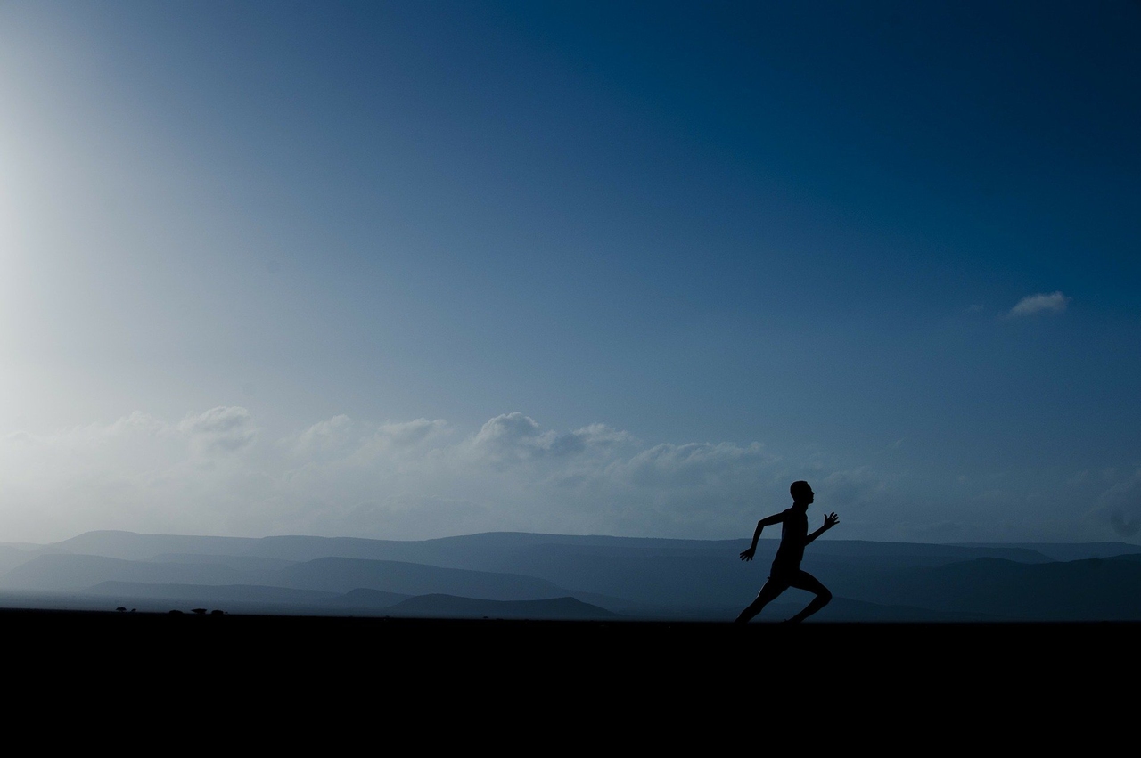 (1) Silhouette of a person running infront of a landscape
